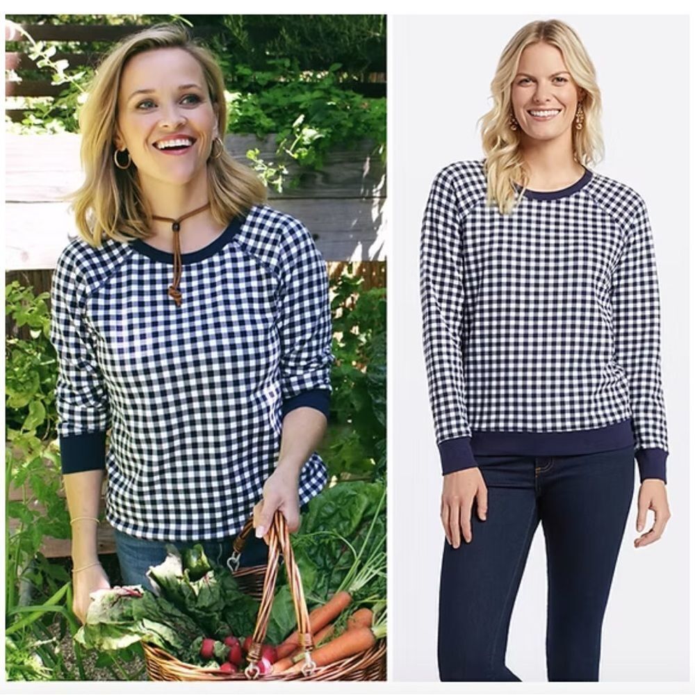 Draper James Natalie Gingham Sweatshirt size XXL Blue White Pullover Preppy Top